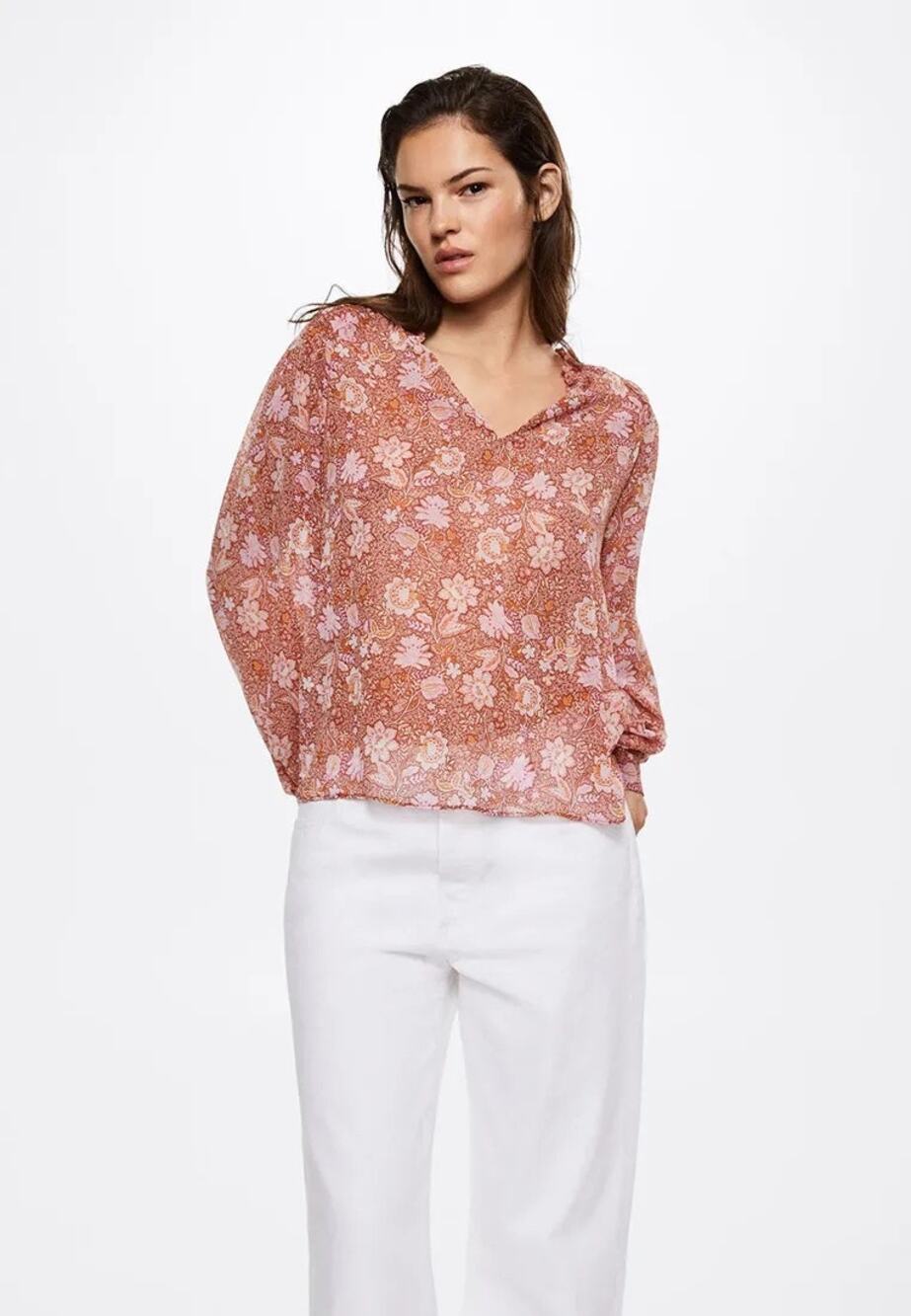 ✨2/$30✨ Mango Floral Semi Sheer Peasant Top Size 2 Long Sleeve Boho Cottage